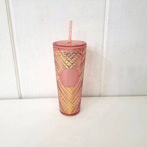 Starbucks 24 Oz Rose Gold Diamond Patterned Tumbler With Straw